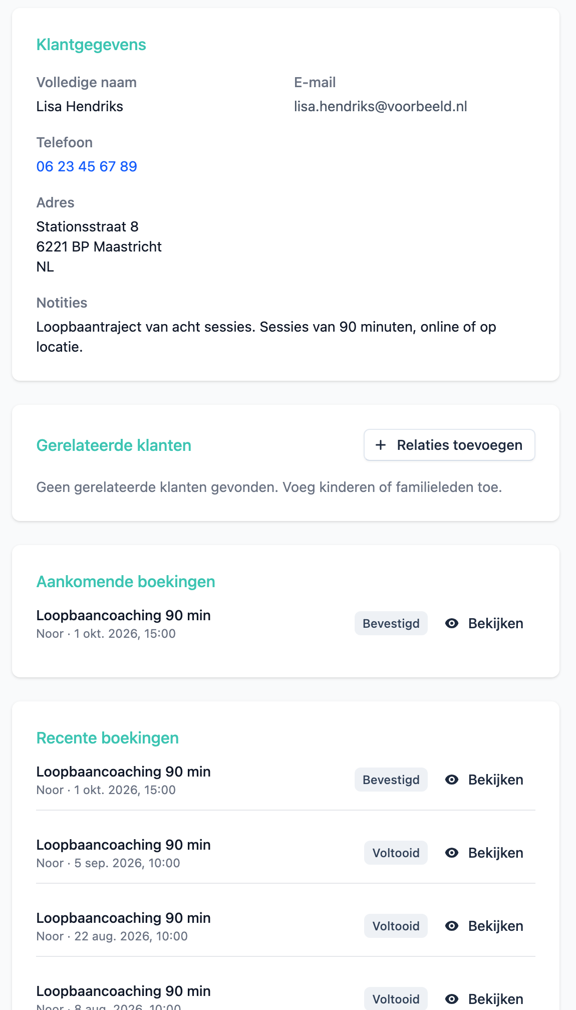 De klantpagina in Planista: contactgegevens, een notitie over het traject, de volgende sessie en de eerdere sessies