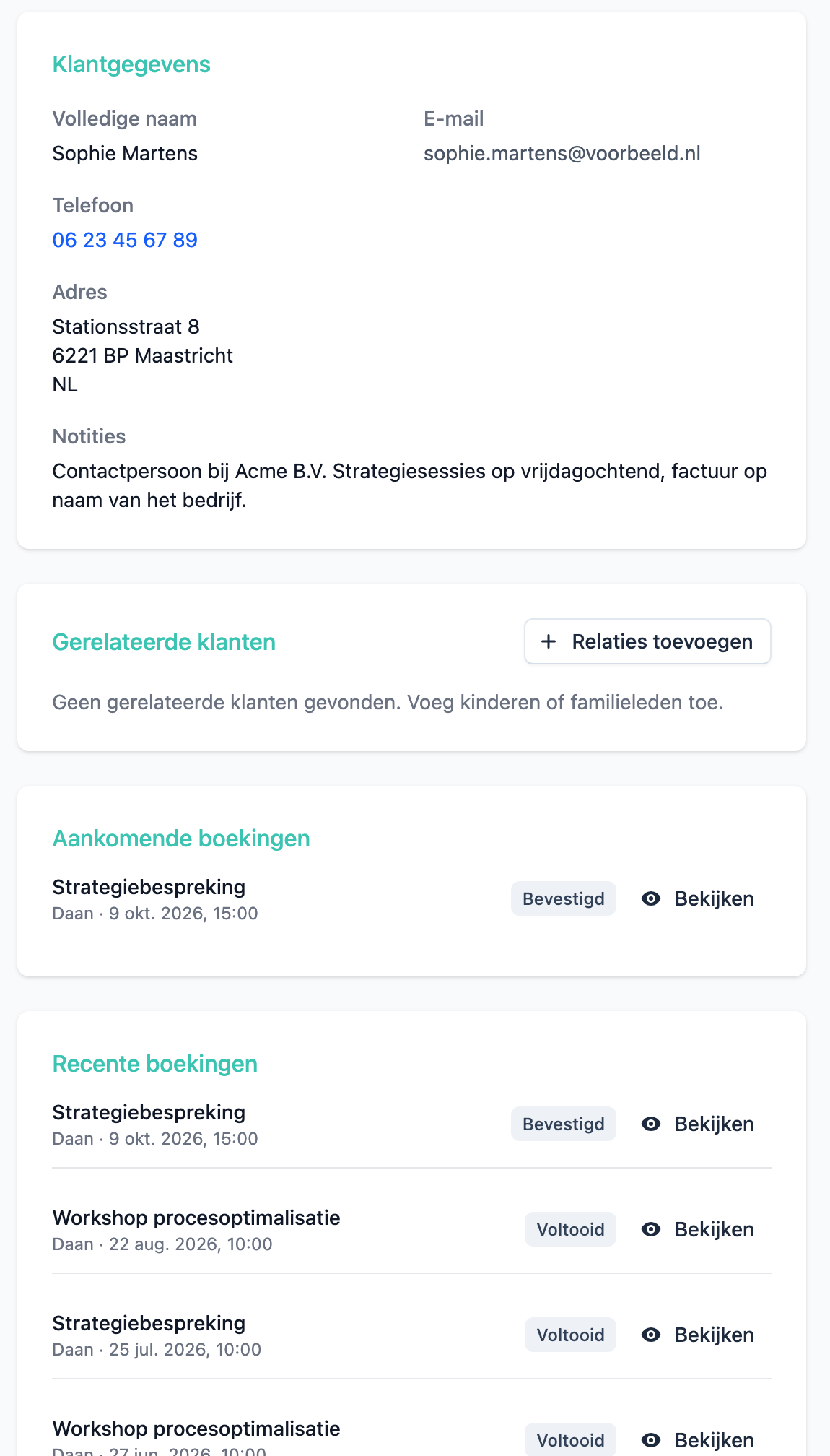 De klantpagina in Planista: contactgegevens, een notitie over de opdrachtgever, de volgende afspraak en de eerdere afspraken