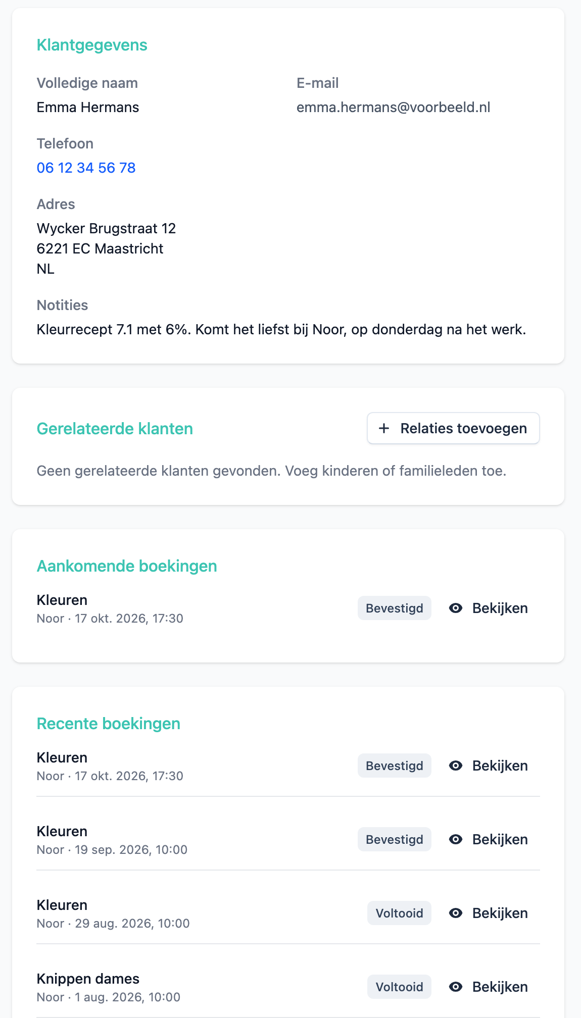 De klantpagina in Planista: contactgegevens, een notitie met het kleurrecept, de volgende afspraak en de eerdere afspraken van de klant