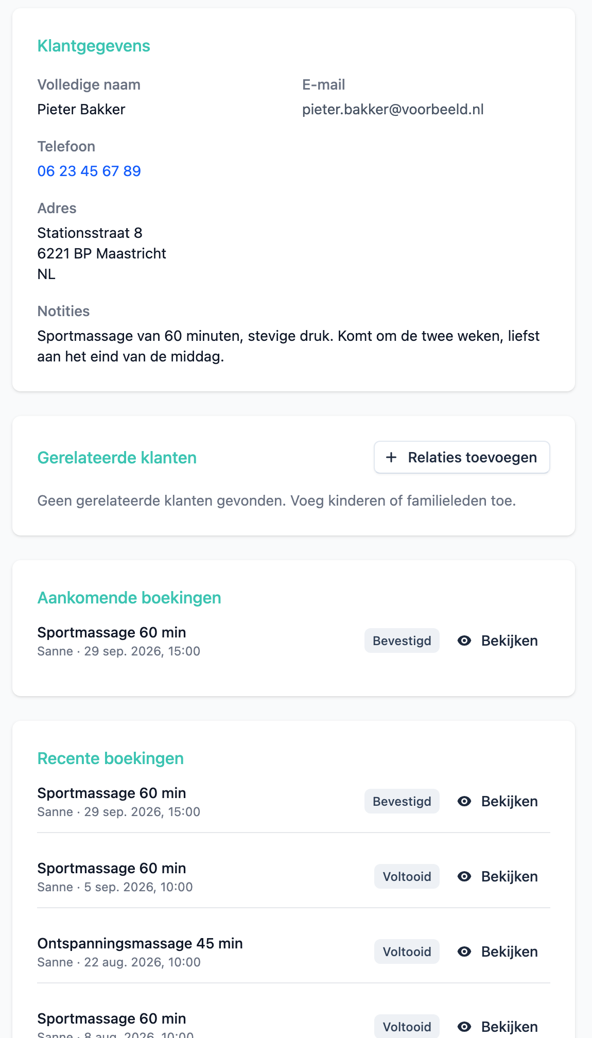De klantpagina in Planista: contactgegevens, een notitie over de voorkeursmassage, de volgende afspraak en de eerdere behandelingen
