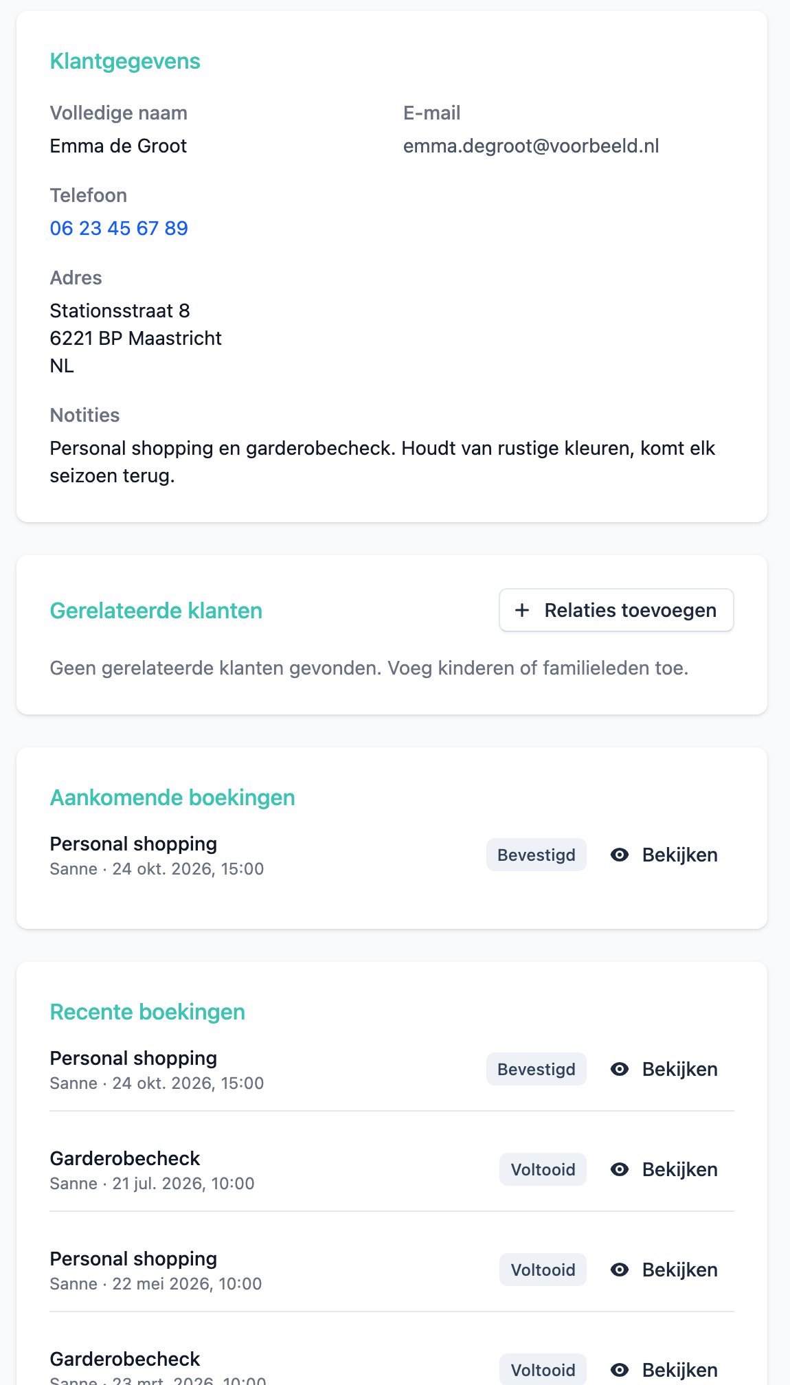 De klantpagina in Planista: contactgegevens, een notitie over stijlvoorkeuren, de volgende afspraak en de eerdere sessies
