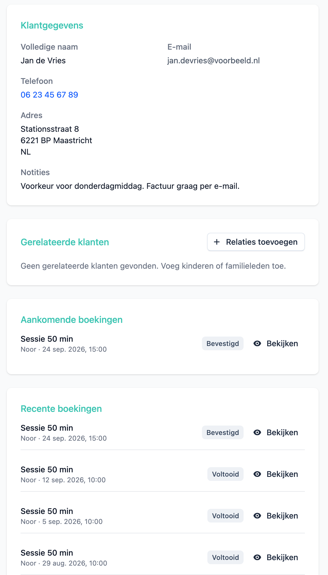 De cliëntpagina in Planista: contactgegevens, een zakelijke notitie, de volgende sessie en de eerdere sessies