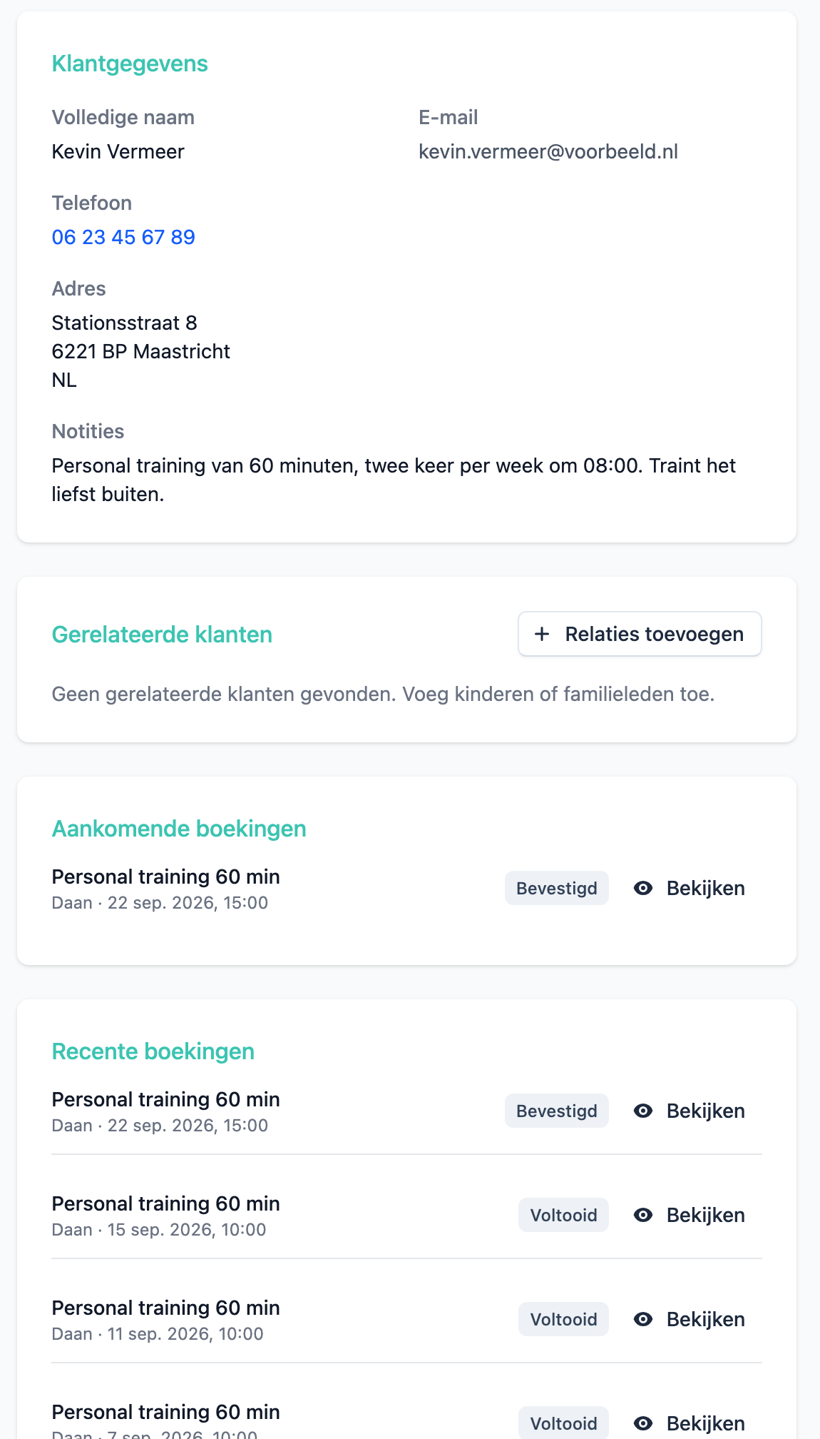 De klantpagina in Planista: contactgegevens, een notitie over de trainingen, de volgende training en de eerdere trainingen
